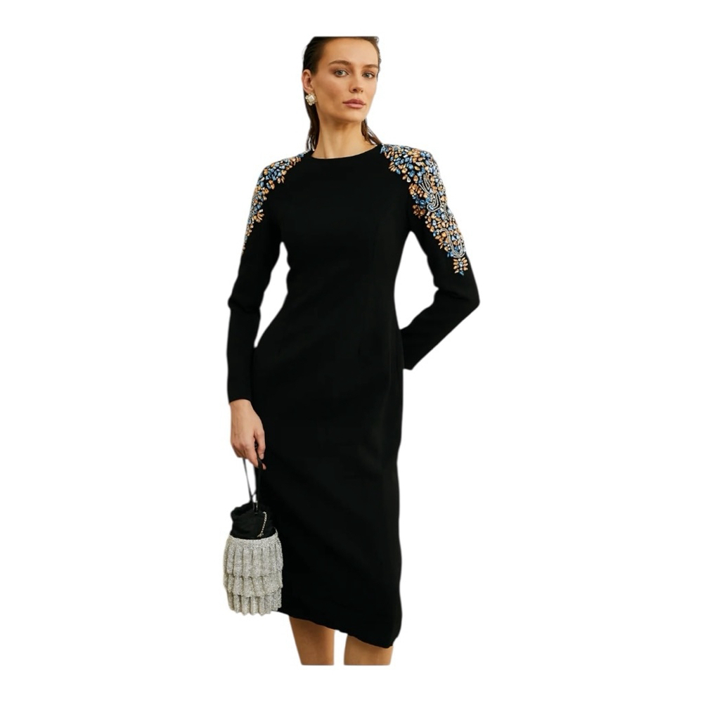 Women's Miss Rosier Black Maelys Crystal Embellished Midi Dress Size XXL